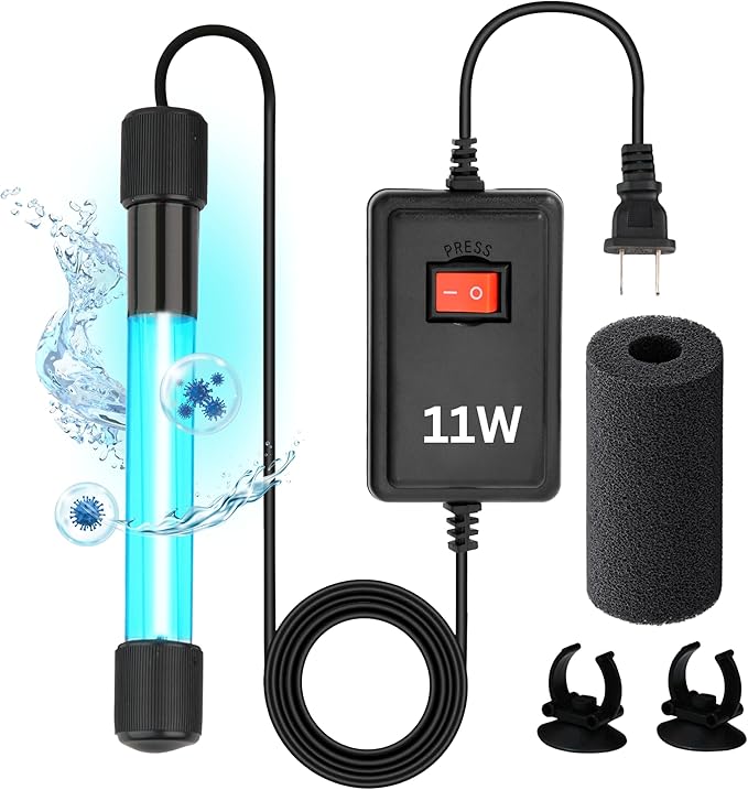 11W UV Sterilizer for Aquarium– UV-C Clean Light with a 9.84 ft Cord for Use in Filters, Sumps and Small Ponds |Clears Green Water, Removes Cloudiness & Promotes a Healthy Clear Tank for Fish & Plants