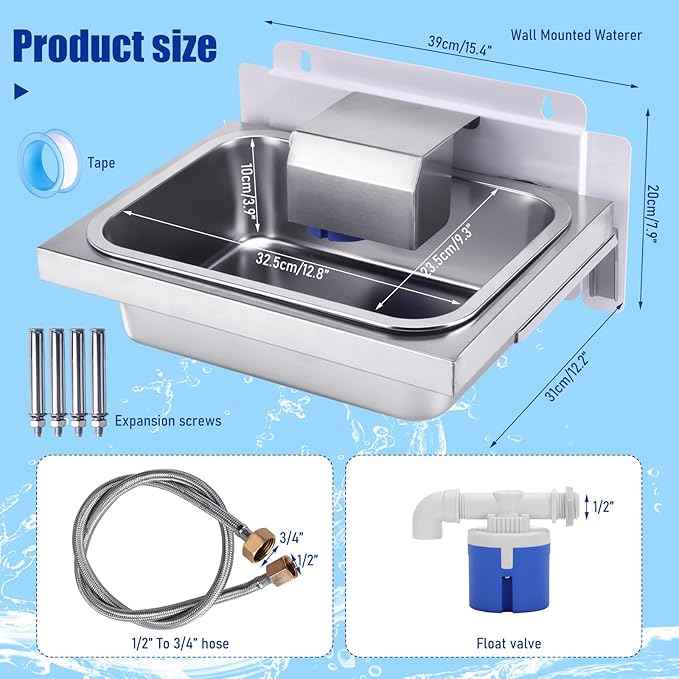 3 Gal Automatic Dog Water Bowl Dispenser for Dogs Metal Auto Pet Waterer Bowl Wall Mounted Self Refilling Water Trough with Float Valves Pet Waterer for Livestock Dogs Cat Horse