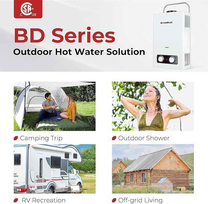 Camplux Pro 6L Portable Tankless Water Heater,Mini Sized Outdoor Propane Gas Water Heater with Portable Handle,Propane Gas Water Heater for RV,Campings,Cabins,Barns,White