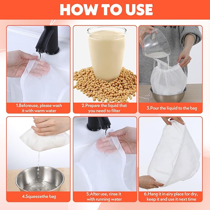 6 Pcs Nut Bag Strainer, 12 X 8 Inch Nylon Cheese Cloth Strainer Bags, Reusable Juice Food Strainer Professional Cheese Cloth Bag, Fine Mesh Bag For Straining Fruit Juice Tofu Yogurt Tea