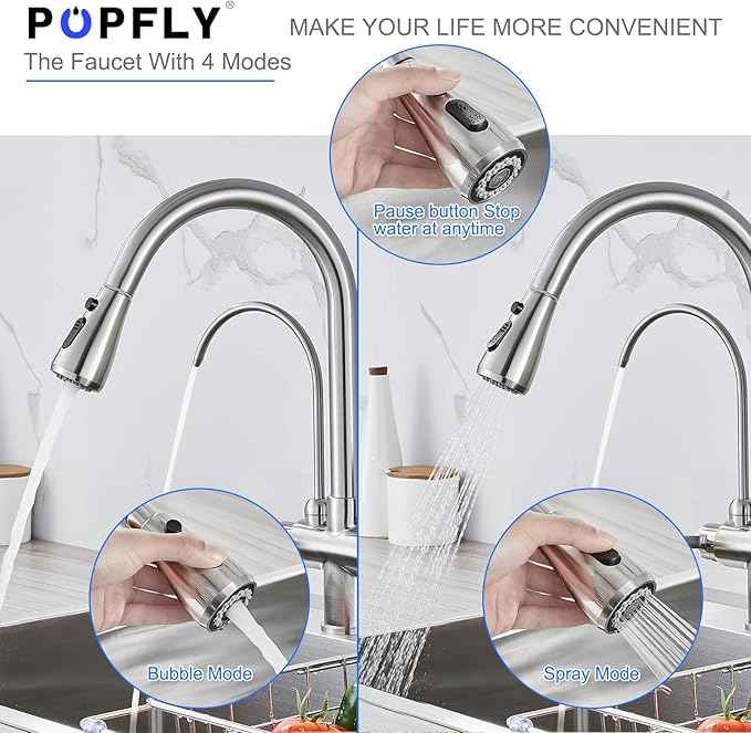 POPFLY Kitchen Faucet with Drinking Water Faucet, 3 in 1 Water Filter Purifier Faucet 2 Handles with Pull Down Sprayer, Brushed Nickel