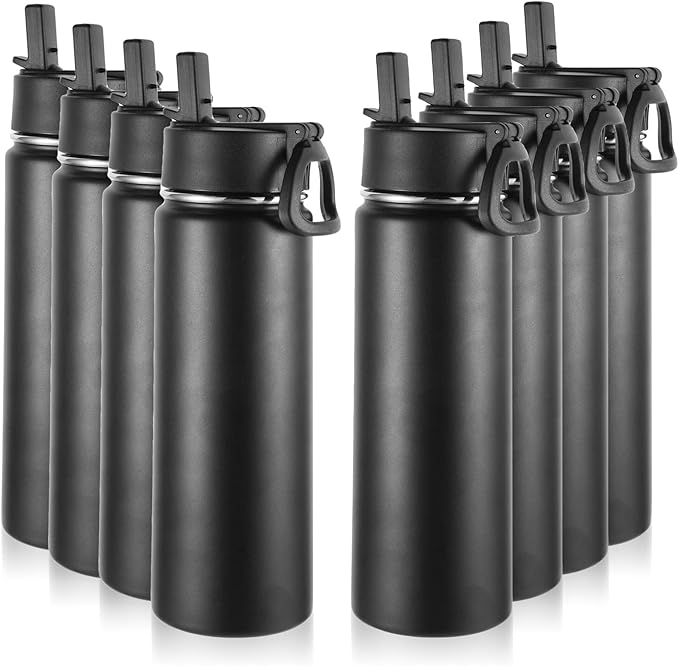 Volhoply Insulated Water Bottles with Straw Bulk 8 Pack, 22 oz Stainless Steel Sports Bottle with Lid,Double Walled Vacuum Metal Cups with Wide Mouth, Reusable Water Flask for School(Black,8 Set)