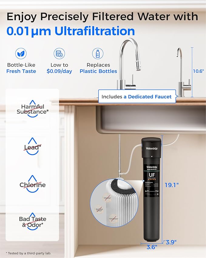 Waterdrop 17UB-UF 0.01 μm Ultra Filtration Under Sink Water Filter System, Reduces Lead, Chlorine, Bad Taste & Odor, 3 Years, with Dedicated Brushed Nickel Faucet, USA Tech