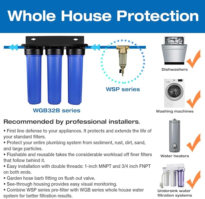 iSpring WSP-50 Reusable Whole House Spin Down Sediment Water Filter 50 Micron, 1" MNPT + 3/4" FNPT w/Push to Connect Fittings