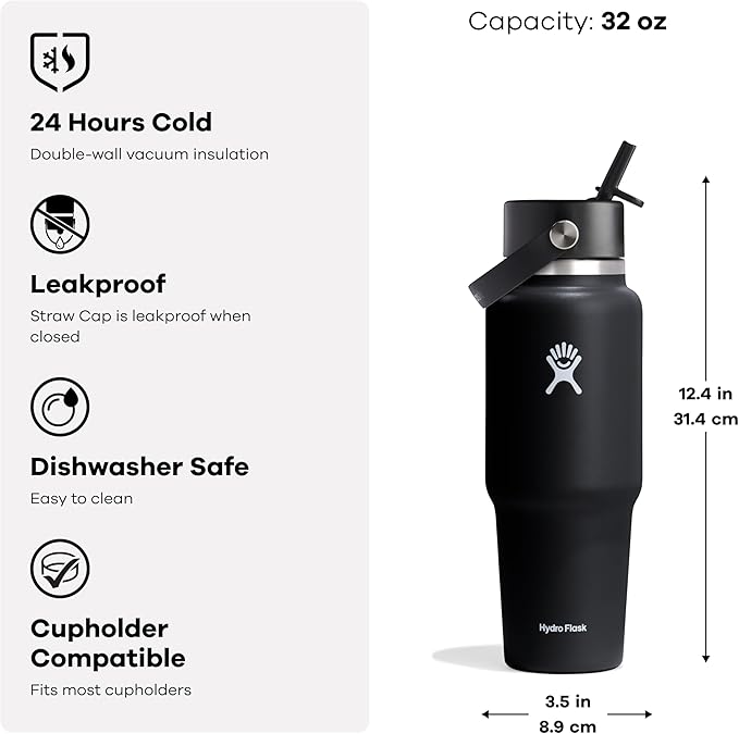 Hydro Flask Travel Water Bottle - Insulated Stainless Steel - Wide Straw Lid, Non Spill, Leakproof in 32 Oz Trillium Pink