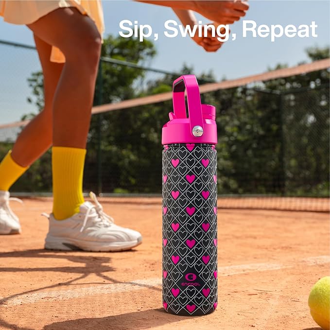 ENCOOL Valentine's Day Insulated Water Bottle with Straw Stainless Steel Water Bottle, Leak-Proof, BPA-Free, Keeps Cold for 24 Hours for Sports, Travel, School (26 oz, Bold Hearts Ember x Black)