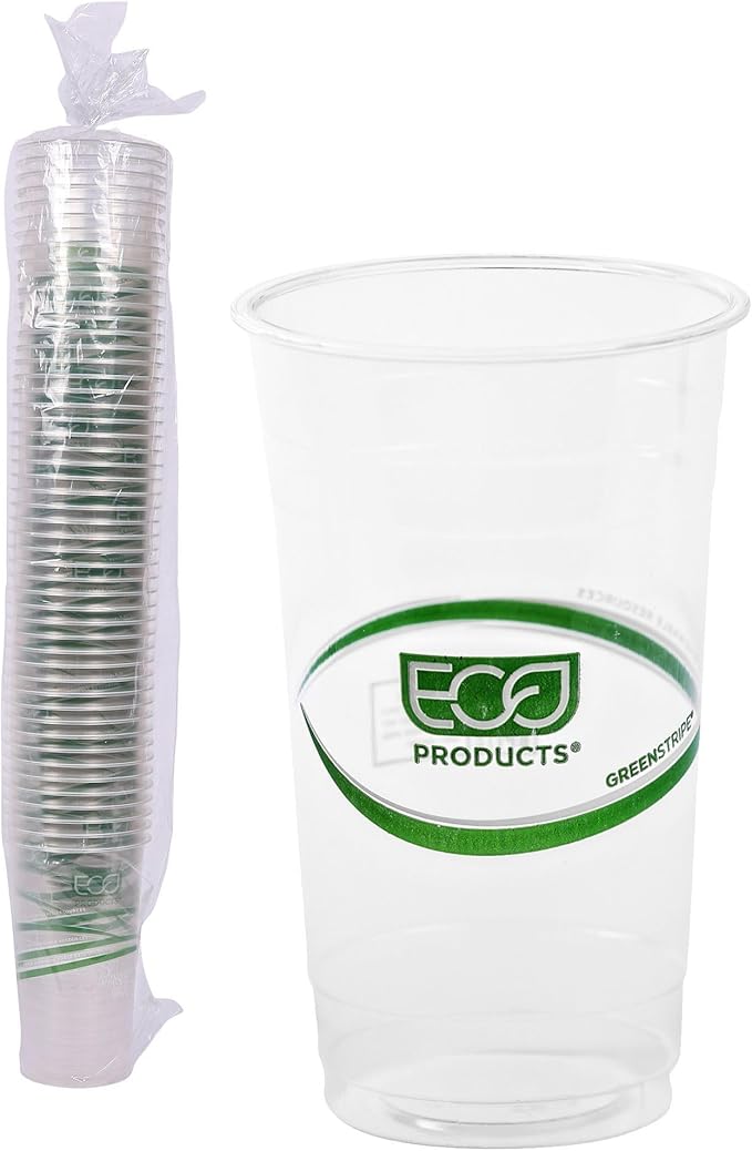 ECO PRODUCTS GreenStripe Clear Compostable 24oz PLA Large Plastic Cups, Pack of 50, Disposable Renewable Plant-Based Cold Cups, For Cold Drinks & Snacks, BPI Certified, ASTM Compliant.