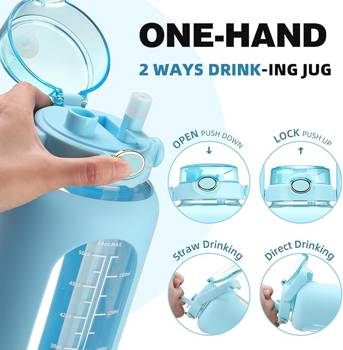 SIEROZUR 64 oz Glass Water Bottle with Straw and Handle Lid Half Gallon Motivational Glass Bottle with Silicone Sleeve and Time Marker Large Reusable Sports Water Jug for Gym Home Workout