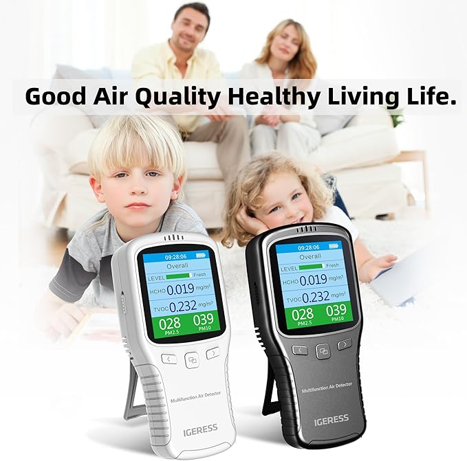 Air Quality Monitor Indoor, 5 in 1 Formaldehyde Detector, voc Meter, Detect Indoor HCHO,TVOC,AQI,PM2.5,PM10. Colorful LCD Screen & USB Charging