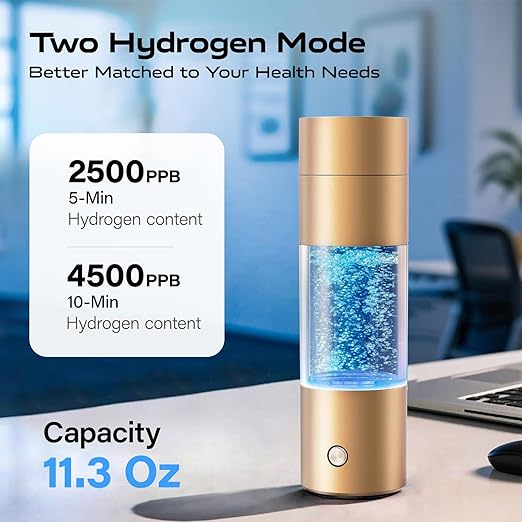 Hydrogen Water Bottle Generator,4500PPB SPE/PEM Technology -Smart Electrolysis Water Ionizer -320ML Portable Rich Hydrogen Water Machine for Health Gifts, 24-Hour Hydrogen Retention (Gold)