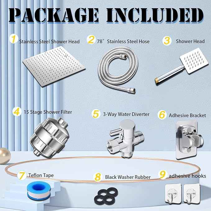 Filtered Rain Shower Head, High Pressure 8″Square, and All Metal Handheld Spray Combo with Stainless Steel Hose, Replacement 20 Stage Shower Filter for Hard Water, Chrome
