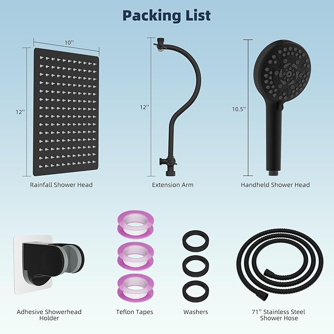 Hibbent 12'' All Metal Shower Head, High Pressure Rainfall Shower Head/Handheld Showerhead Combo/ 12'' Adjustable Curved Shower Extension Arm, 10-Spray, 71'' Hose, Showerhead Holder, Matte Black