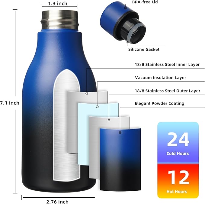 BJPKPK Insulated Water Bottles, 12oz Stainless Steel Metal Water Bottle with Strap, BPA Free Leak Proof Jugs, Mugs, Flasks, Reusable Thermal Flasks for Sports & Travel, Blue Black