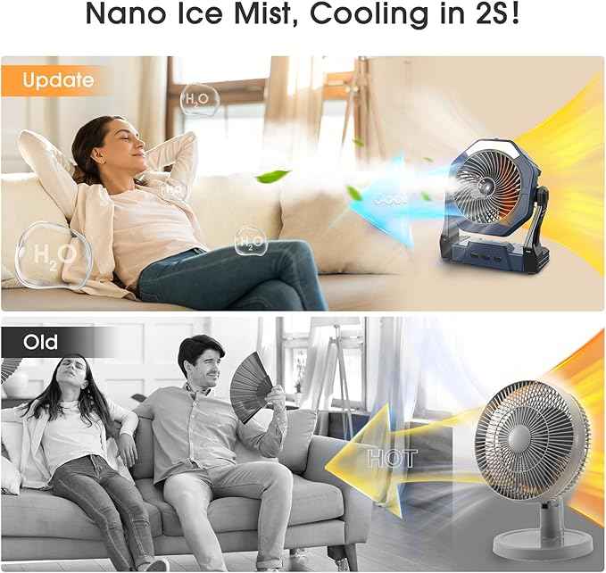 Ausic 10W Misting Solar Fan, 250ml Portable Outdoor Fans with Solar Panel, 8 Inch Battery Operated Rechargeable Cooling Fans with Hook, Camping Water Spray Fan for Travel/Beach/Patios/Chicken Coop