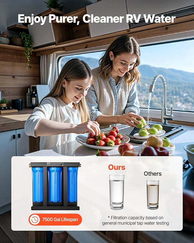 VEVOR RV Water Filter with Bracket, 3-Cartridge 2.5 x 10 in Water Filter System for RVs, Remove Sediments, Chlorine, Bad Tastes, Odors, and Most Contaminants, for Campers, Boats, Vans