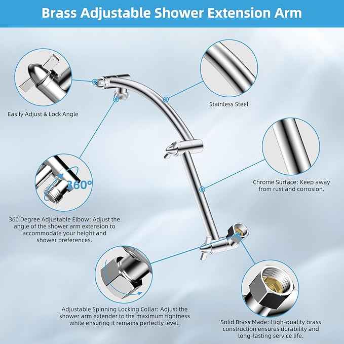 Hibbent All Metal Rain Filtered Shower Head, 12'' High Pressure Rainfall Showerhead with 16" Shower Head Extension Arm, 20 Stage Shower Filter, Solid Brass Adjustable Shower Arm Extender, Chrome