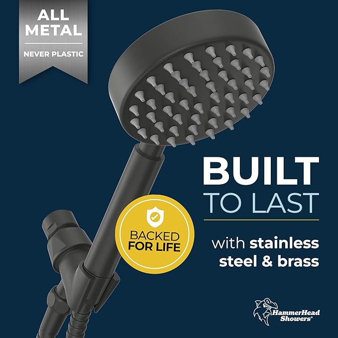 HammerHead Showers® Solid Metal Handheld Shower Head with Hose and Brass Holder - MATTE BLACK - 2.5 GPM High Pressure Shower Heads with Adjustable Shower Wand Bracket - 6ft Flexible Extension