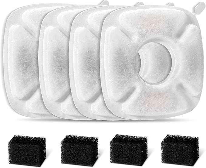 8 Pcs Cat Fountain Replacement Filters for Veken 95Oz/2.8L Automatic Pet Fountain and Stainless Steel Cat Water Fountain Dog Water Dispenser (4 Carbon Filters+4 Sponge Filters)