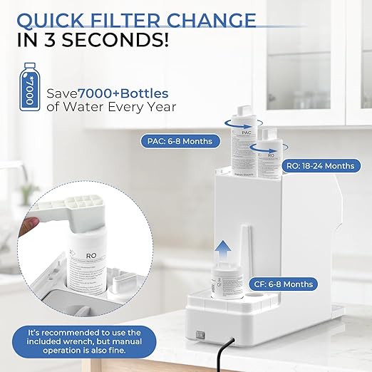 Waken Electric C11S Reverse Osmosis Water Filtration System Countertop 180oz Water Tank 4:1 Pure to Drain 8 Stage RO Filter with Extra 2-Piece Replacement Filter Set with 1 PAC & 1 CF
