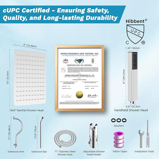 Hibbent cUPC Certified High Pressure 10'' Rainfall Shower Head, Showerhead Combo with 4-mode Handheld Spray, 12'' Adjustable Extension Arm, Extension Bar, Easy Reach Holder, 71'' Hose, Chrome
