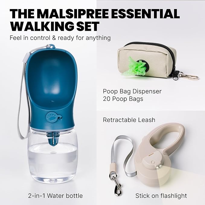 MalsiPree Walking Set with Retractable Dog Leash, Poop Bag Holder, Leak Proof 12 Oz Dog Water Bottle, Flashlight & 20 Poop Bags - 9.8ft Leash Retractable for Small to Medium Pet (Sand & Teal, 12 Oz) - AquaVibe