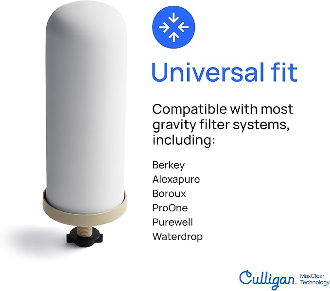 Culligan MaxClear 7” Gravity Water Filter Replacement Compatible with Berkey Water Filter Systems, Ceramic & Carbon Gravity Filter NSF/ANSI Certified, Reduce Total PFAS, Microplastics & Lead, 4-Pack