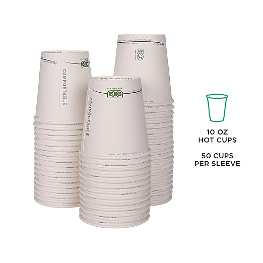 ECO PRODUCTS Compostable Disposable GreenStripe 10oz Coffee Cups, Case of 1000, White Single Wall Hot Paper Cup, Plant Based PLA Lining, Biodegradable