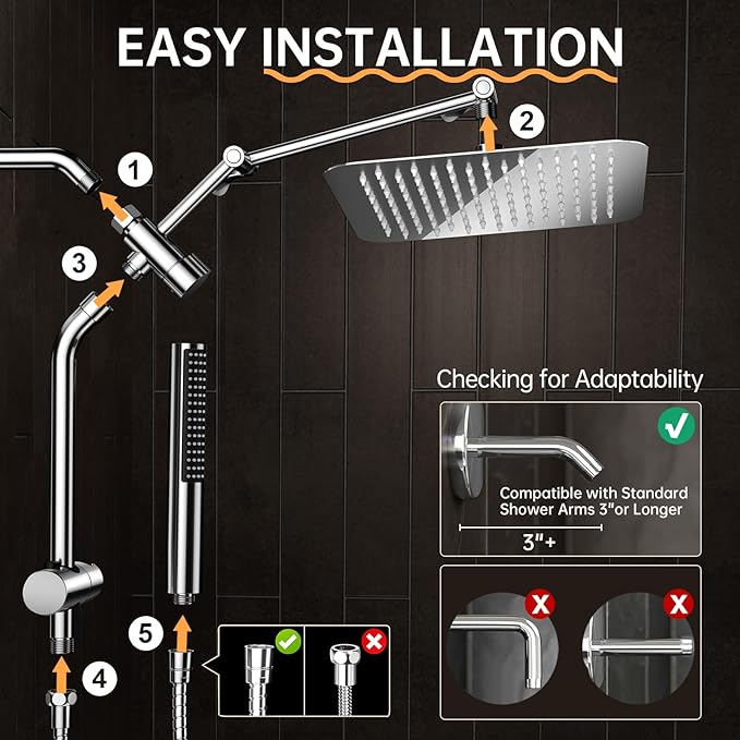 Veken 10" Luxurious All Metal Rain Shower Head with Handheld, High Pressure Rainfall Shower Heads wih Extension Arm, Wide Dual Showerhead with Spray Combo, Bathroom Accessories, Chrome, Silver