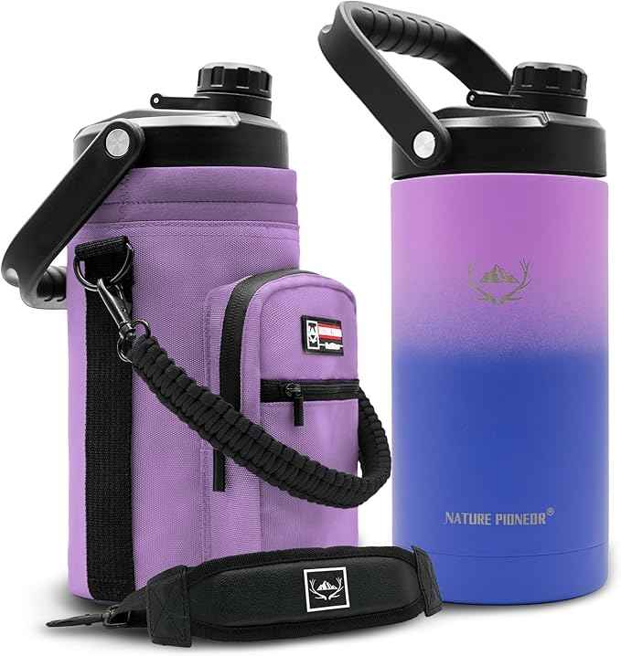 NATURE PIONEOR 64 oz Insulated Water Bottle - Double Vacuum Stainless Steel Half Gallon Water Jug with Holder/Carrier, Wide Mouth, Outdoor Sports, Hiking, Camping, Gym