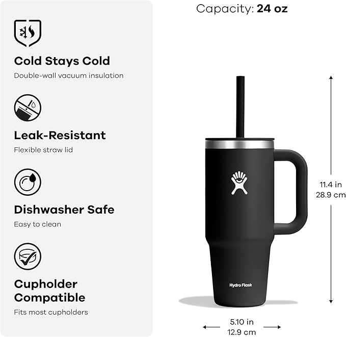Hydro Flask Travel Tumbler with Handle, Lid and Straw - Insulated Stainless Steel in 24 Oz Surf