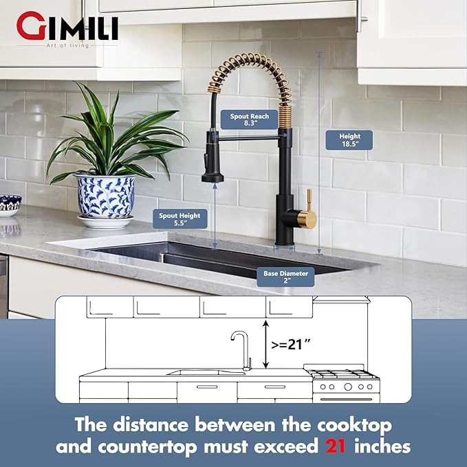 GIMILI Kitchen Faucet with Pull Down Sprayer Single Hole Stainless Steel Sink Faucet, Suitable for Farmhouses, RV, Laundry Room, Outdoor, and Campers. Llave para fregadero de cocina Black and Gold