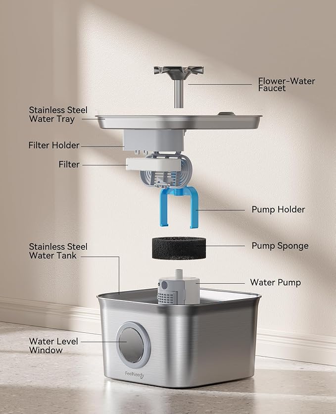Stainless Steel Cat Water Fountain, 2.8L with 20dB Ultra-Quiet Pump- Ideal for Timid Pets, LED Water Level Window, Dishwasher Safe, 24/7 Circulation- Includes 9 Replacement Filters