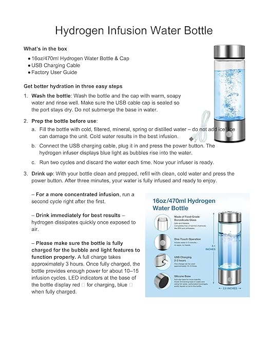 Aqua Vital Hydrogen Water Bottle 2026 Generator 16 oz/470 ml SPE-PEM Ionized H₂ Hydration Bottle USB-C Rechargeable Glass Flask with Auto Shut-Off Portable Sports & Travel Hydrogenated Water Machine