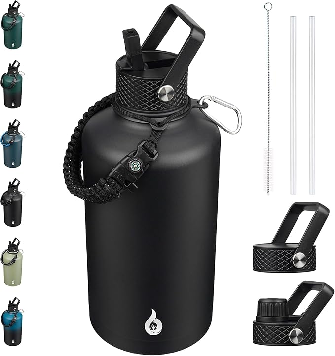 BJPKPK 2/3 Gallon Water Bottle with Straw Lid, 87oz Large, Stainless Steel Water Bottles with 3 Lids and Paracord Strap, Double Wall Vacuum Metal Jug, Black