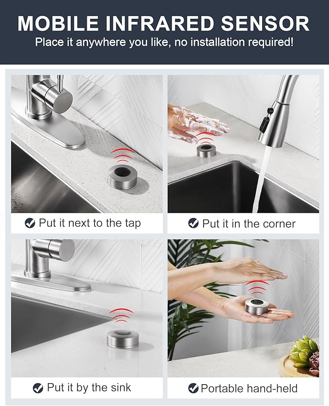 Touchless Kitchen Faucet Stainless Steel: WOWOW Mobile Motion Sensor Kitchen Sink Faucet with Sprayer, Automatic Smart Kitchen Faucet for Sink 1 or 3 Hole, Brushed Nickel