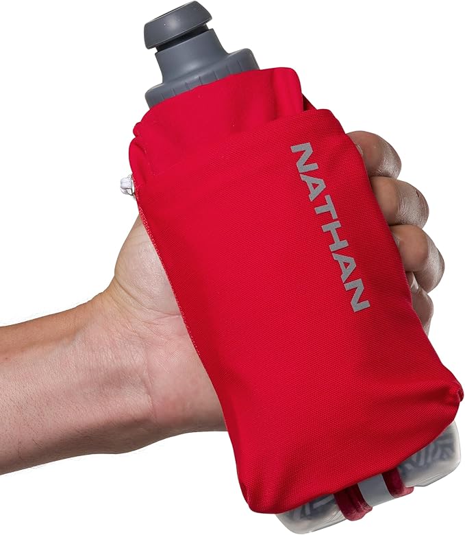 Nathan SpeedDraw 2 Insulated Handheld Running Water Bottle Flask – Double-Wall Insulation, Ergonomic Grip, Blast Valve Cap, Phone & Key Storage Pockets, Reflective Design - 12oz Insulated - Ribbon Red