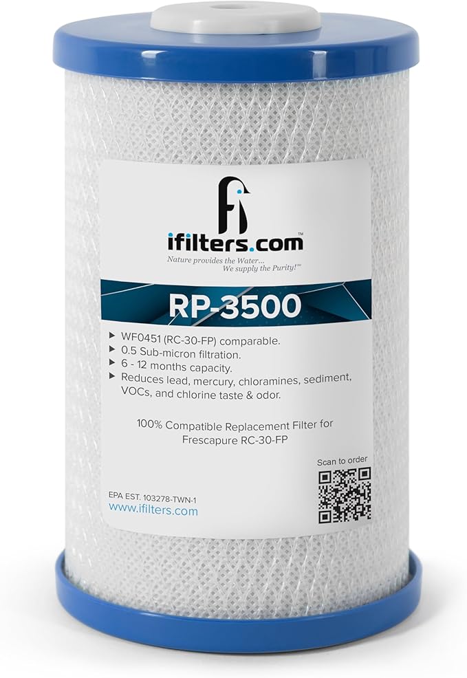 iFilters RP-3500 Carbon Block Drinking Water Filter Replacement Cartridge, 1000 GPD - 0.5 Micron | 100% Compatible Fit with Frescapure 3500 WF0451 | Reduces Lead, Cysts, Sediment, VOCs, Chlorine