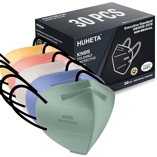 HUHETA KN95 Face Masks for Adults, Packs of 30 KN95 Mask with 5-Ply Mask Protection, Individually Wrapped Face Masks, Morandi Multi Color - AquaVibe