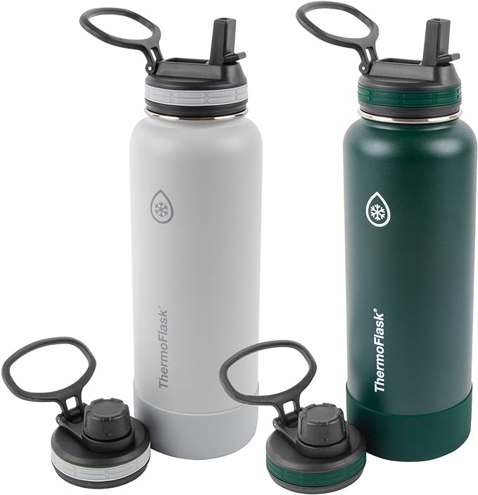 ThermoFlask Stainless Steel Water Bottles 2-Pack - Double-Wall Vacuum Insulated 40 oz BPA-Free Spout Lids - Keeps Drinks Cold 24 Hrs, Hot 12 Hrs - Leakproof, Dishwasher Safe, Gray/Pine