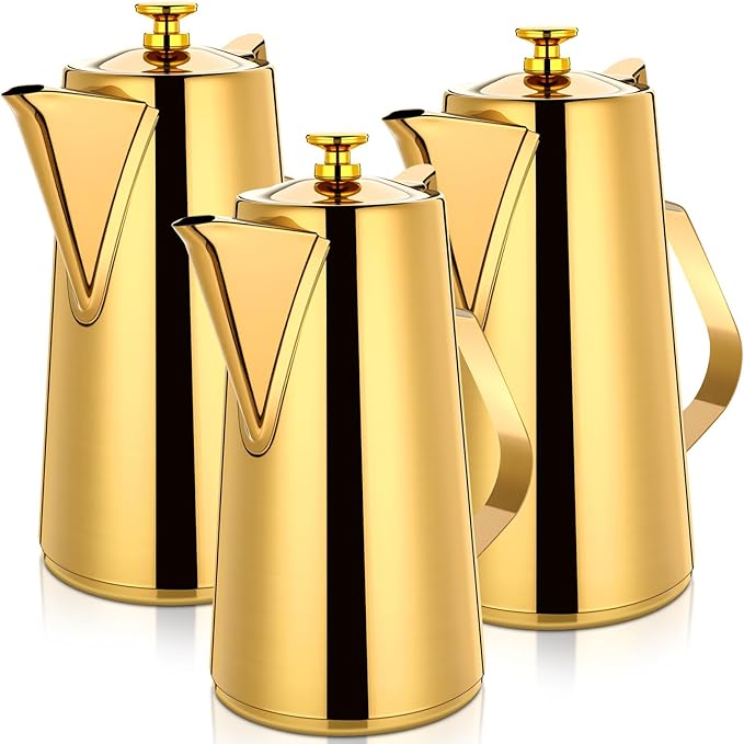 Honeydak 3 Pcs Stainless Steel Pitcher with Lid 1.5 Liter Stainless Steel Kettle Metal Cold Water Pitcher Large Capacity Tea Kettle Jug Beverage Dispenser Handle for Home Restaurant(Gold)