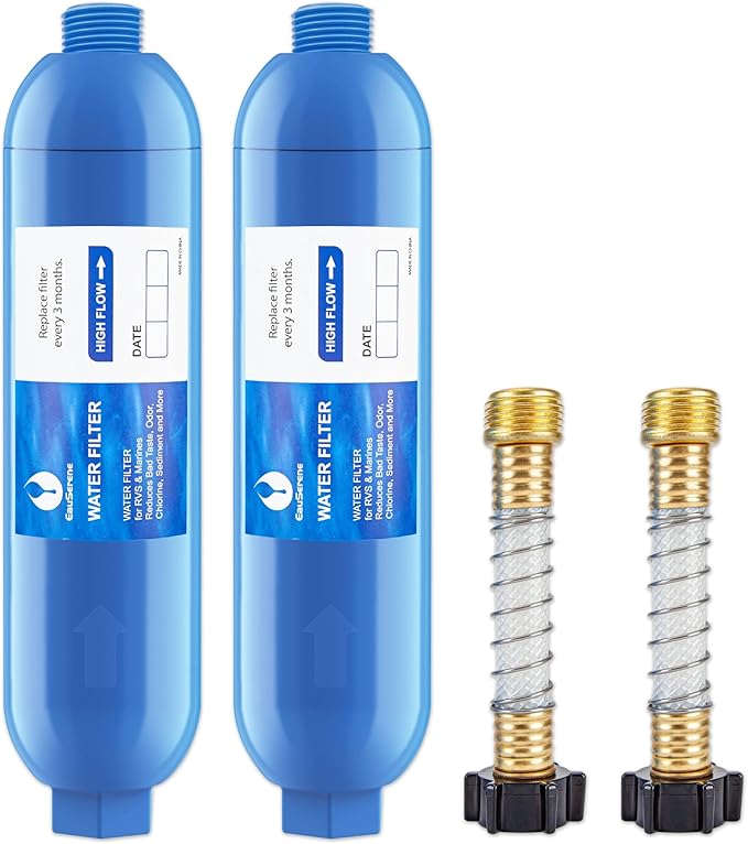 Rv Water Filter 2pcs and Plastic Hose 2pcs, Reduces Bad Taste, Odor, Chlorine, Sediment and More