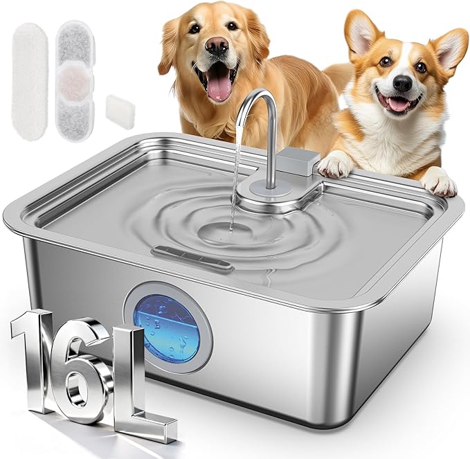16L/4.2Gal Dog Water Fountain Stainless Steel DYSJ03 Dog Fountain Water Bowl for Large Dogs Cats & Multi-Pet Home, Ultra Quiet, Wider Deeper Mouth, 5-Layer Filtration & Easy to Clean