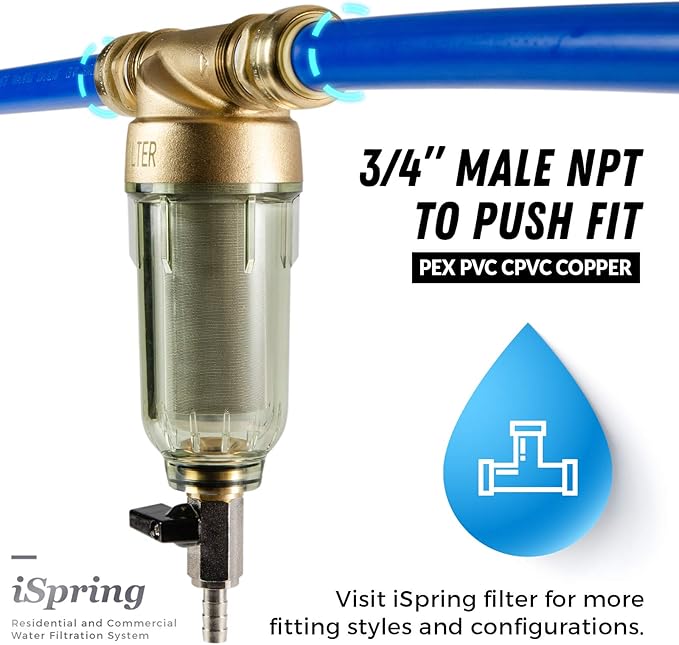 iSpring WSP-50 Reusable Whole House Spin Down Sediment Water Filter 50 Micron, 1" MNPT + 3/4" FNPT w/Push to Connect Fittings