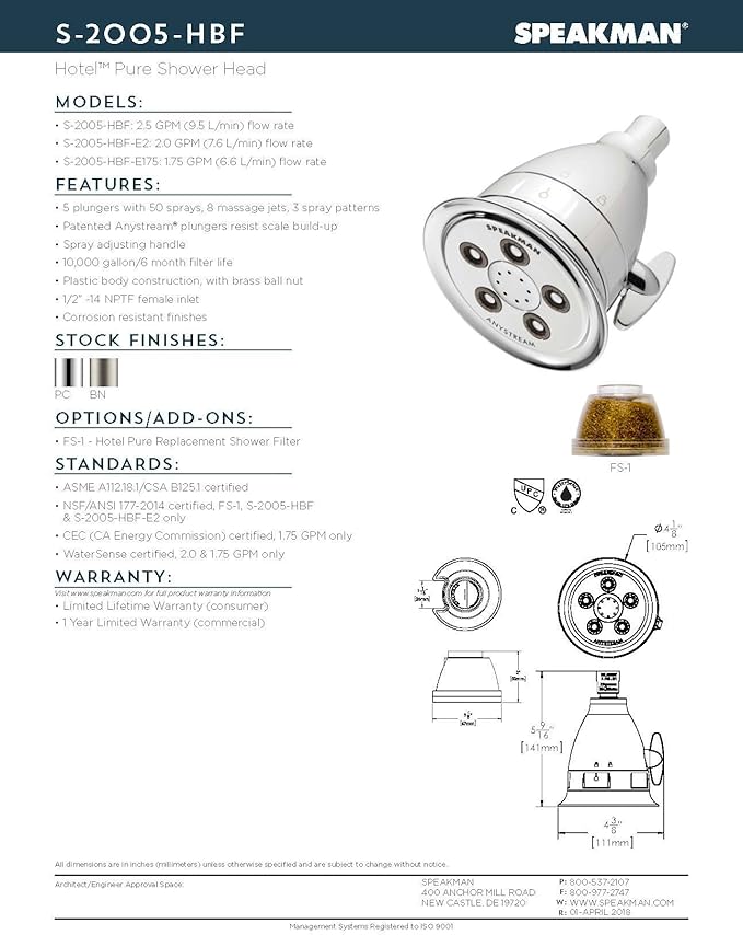 Speakman S-2005-HBFBN Hotel Pure Anystream High Pressure Shower Head-2.5 GPM Adjustable Showerhead with Filter, Brushed Nickel