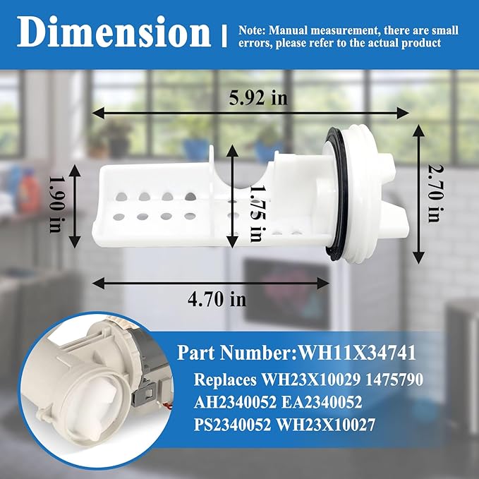 WH11X34741 Washer Drain Pump Filter, Replaces WH23X10029, WH23X10027, AP7205454, 4977949, PS16874133, EAP16874133 - AquaVibe