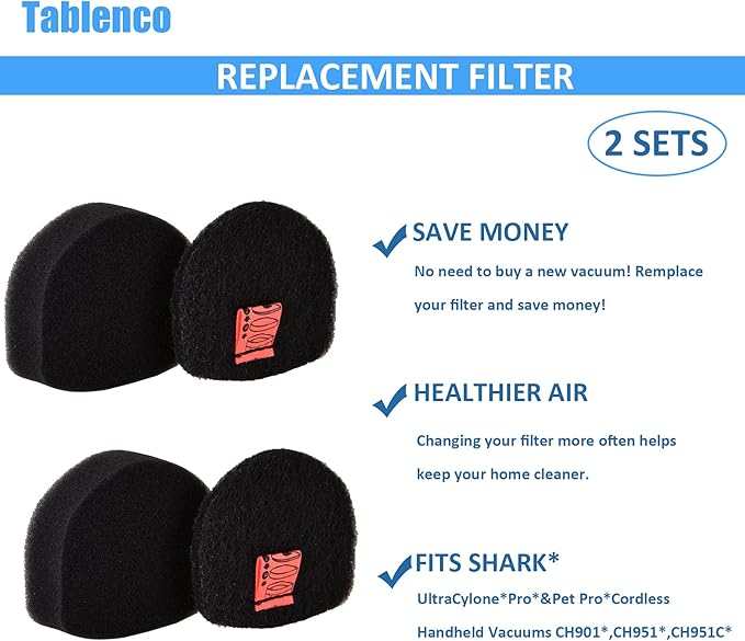 for Shark Cordless Handheld Vacuum UltraCyclone Pet Pro Plus Replacement Foam Felt Filters, Compatible with Shark CH901 CH950 CH951 CH951C CH900WM XL Dust Cup Filter, Part #XFTRCH900 2 Pack - AquaVibe