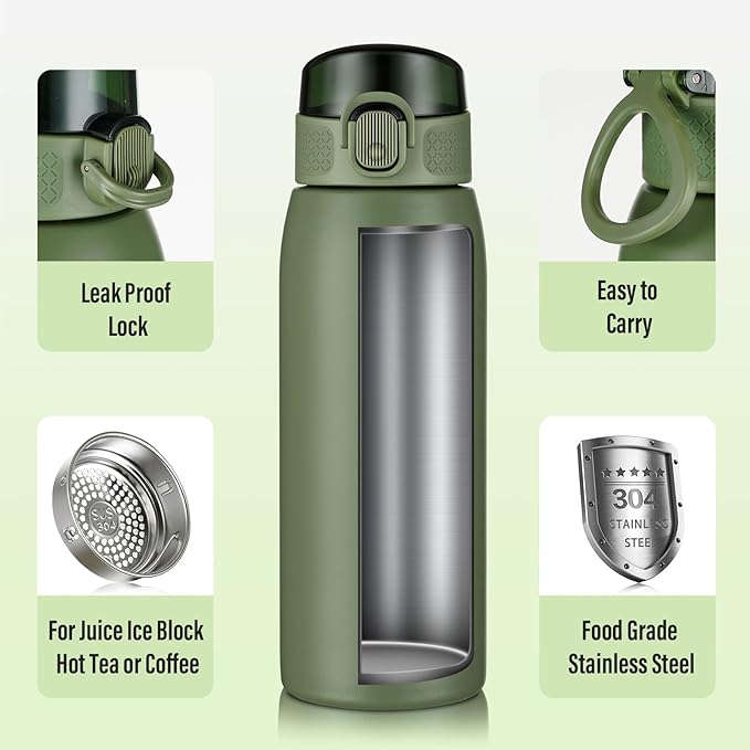 Insulated Water Bottle 18 oz with Dustproof Lid, Carry Handle & Tea Infuser, BPA-Free & Leakproof, Stainless Steel Water Bottles Ideal for Fitness, Hiking, Office & Outdoor Use （Olive Green ）