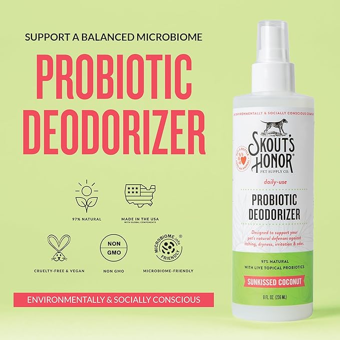 SKOUT'S HONOR Probiotic Pet Deodorizer Spray- Hydrating Daily-Use with Avocado Oil & Omega-3s, Microbiome Friendly Certiified, Paraben & Sulfate-Free, 97% Natural, 8oz, Sunkissed Coconut - AquaVibe