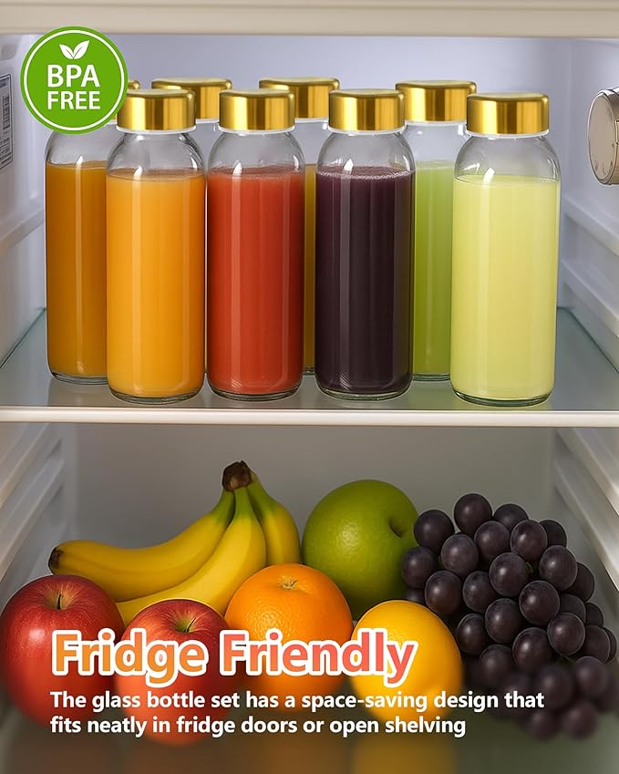 Zukro Glass Water Bottles with Gold Lids 10.5 oz, 6 Pack Clear Reusable Glass Small Juice Bottles for Juicing, Milk, Ginger Shot, Stainless Steel Cap, BPA-Free Leak Proof 300ml Drinking Container Jar