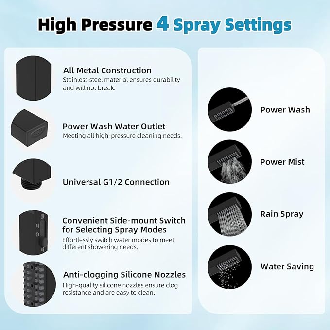 Hibbent All Metal 10'' Filtered Rainfall Shower Head, High Pressure Showerhead combo with 4-mode Handheld Spray, 12'' Extension Arm, Extension Bar with Holder, Shower Filter, Matte Black